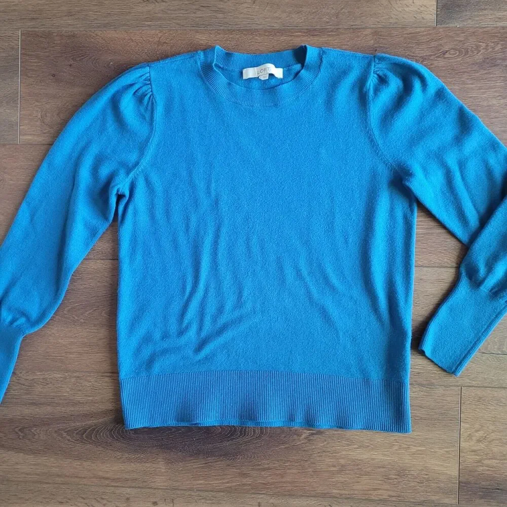 Loft Sweater Medium Teal Puff Sleeve Solid Round Neck Long Sleeve Soft 593282 - Picture 16 of 16